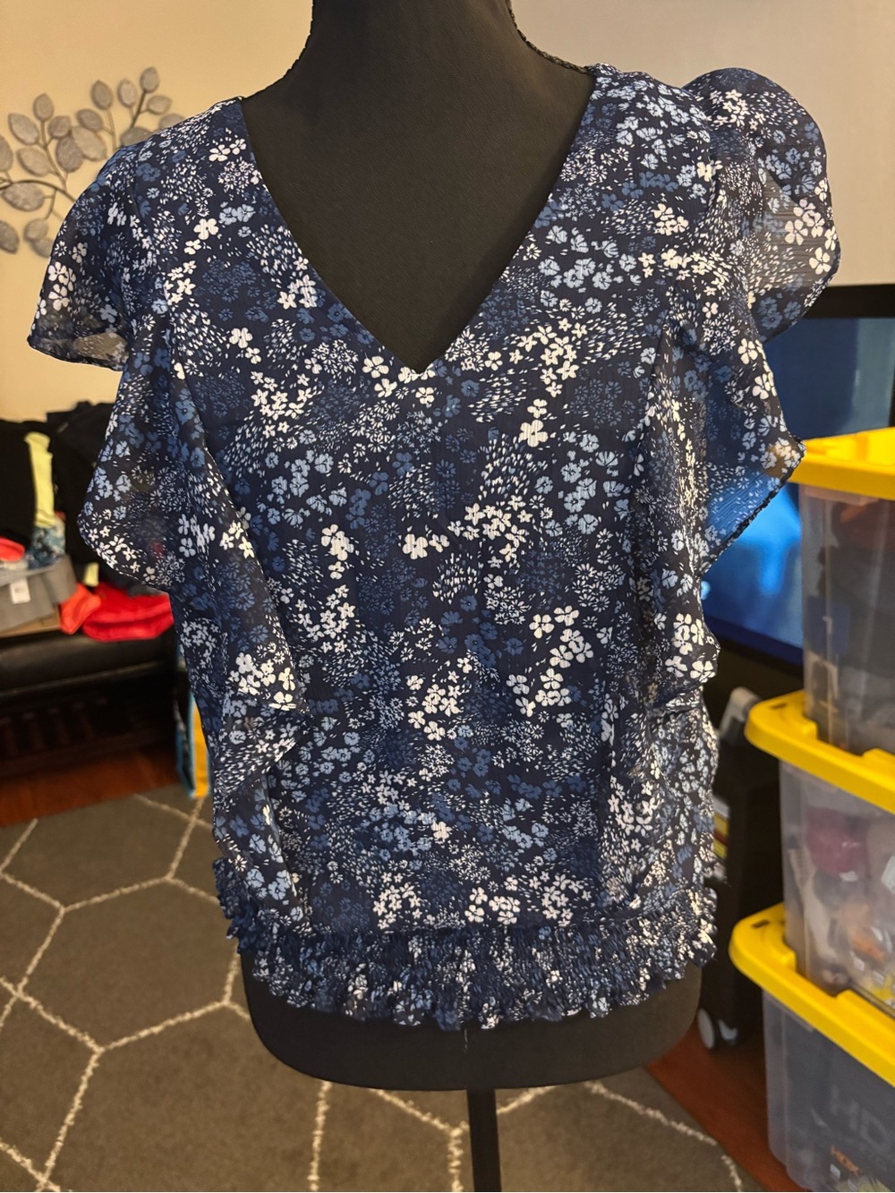 CeCe Navy and White Floral V-Neck Ruffle Top